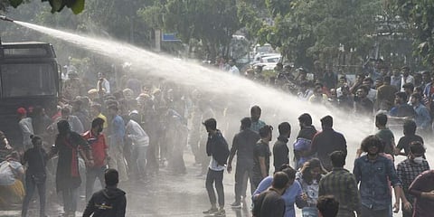 Delhi Police fired water cannon on students who protested outside All India Council For Technical Education during convocation. (Photo | Parveen Negi, EPS)
