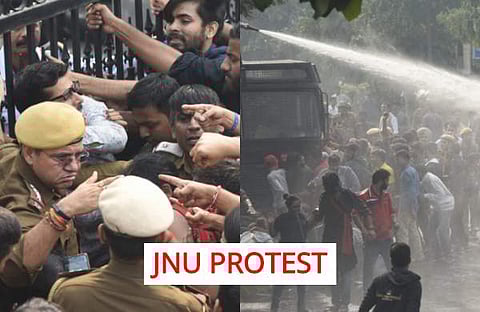 Hundreds of students protested near the Jawaharlal Nehru University in Delhi on Monday against the administration's 'anti-students' policy. (Photo | Parveen Negi, EPS)