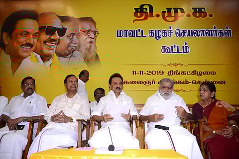 DMK president MK Stalin with senior leaders at party office in Chennai. (Photo | Debadatta Mallick, EPS)