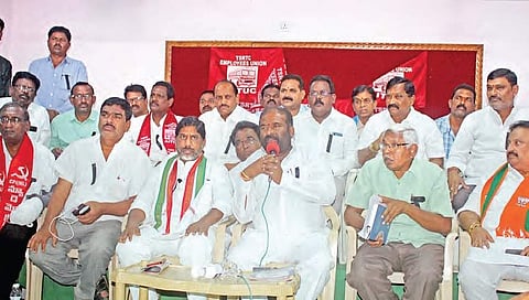 TSRTC JAC convenor Ashwathama Reddy speaks during a press conference in Hyderabad on Sunday | Sathya Keerthi