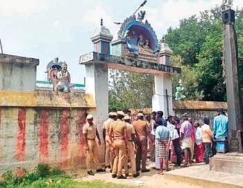 Police personnel at the temple in Chokkanathapuram village in Ariyalur district, where locals denied entry to Dalit couple to get married| Express