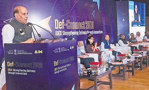 Union Defence Minister Rajnath Singh addresses the inaugural session of ‘Def Connect 2019’ in New Delhi on Monday | Photo courtesy : Ministry of defence