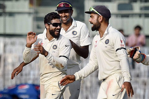 India's Ravindra Jadeja celebrates along with Ashwin(C) and Kohli(R). | PTI