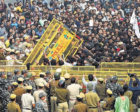 JNU students staging a protest over various issues, in New Delhi on Monday | Parveen Negi