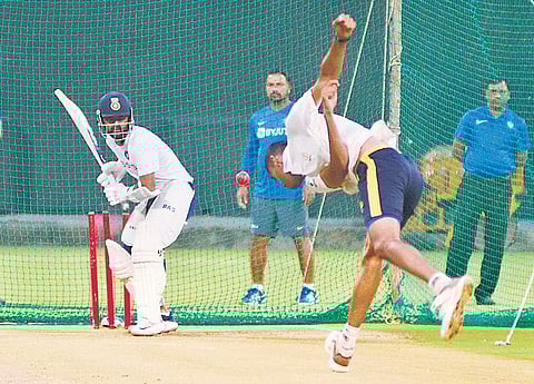 India’s middle-order batsman Ajinkya Rahane trains with a pink ball at the  M Chinnaswamy Stadium in Bengaluru on Sunday | Shriram BN