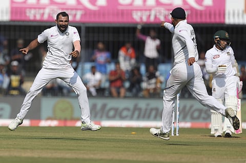 India's Mohammed Shami, left, celebrates the dismissal of Bangladesh's Mushfiqur Rahim, right, during the first day of first cricket test match between India and Bangladesh in Indore, India, Thursday, Nov. 14, 2019. | (File | AP)