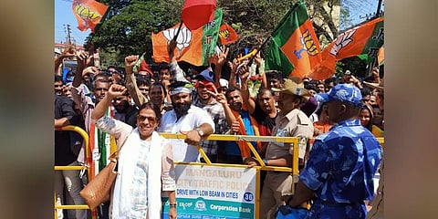BJP workers celebrate as MCC election counting is underway. (Photo | Rajesh Shetty Ballalbagh, EPS)