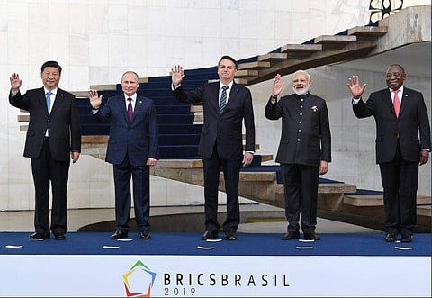 Ahead of the 11th BRICS summit, the leaders came together for a joint picture. (Photo | Twitter)