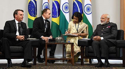 Prime Minister Narendra Modi met with Brazilian President Jair Bolsonaro on the sidelines of the 11th BRICS Summit. (Photo | Twitter)