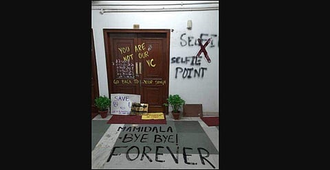 Students staging a protest in the JNU painted various messages for vice-chancellor Mamidala Jagadesh Kumar. (Photo| Twitter)