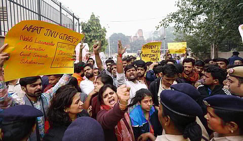 JNU students protests against fee hike outside UGC office in NEW Delhi on Wednesday. (Photo | EPS/Arun Kumar)