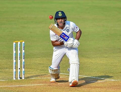 Indian batsman Mayank Agarwal plays a shot on the second day of the first cricket test match against Bangladesh in Indore. (Photo | PTI)