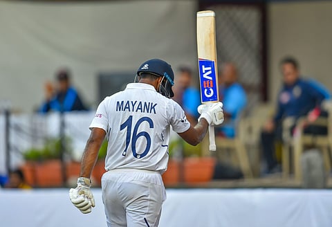 Indian batsman Mayank Agarwal leaves after his dismissal on 243 runs on the second day of the first cricket test match against Bangladesh in Indore. (Photo | PTI)