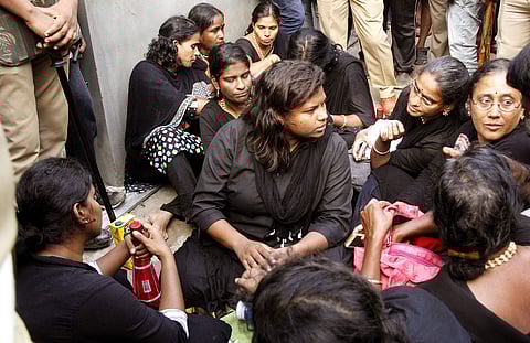 Members of the Manithi women group holding a protest at Pamba in December 2018. (File photo | EPS)