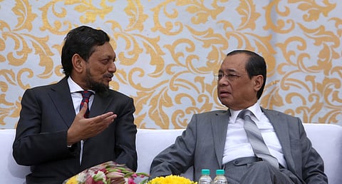 Outgoing Chief Justice of India Justice Ranjan Gogoi with CJI-designate Justice Sharad Arvind Bobde during his farewell function at the Supreme Court in New Delhi on Friday Nov. 15 2019. | (Photo |Shekhar Yadav/EPS)