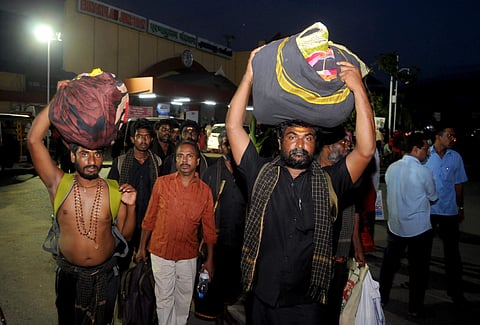 The first batch of Ayyappa devotees from Telangana who arrived in Kochi by train on Friday proceeding to Pamba by a KSRTC special service which commenced operation from Ernakulam KSRTC stand on Friday. | (Photo | A Sanesh /EPS)