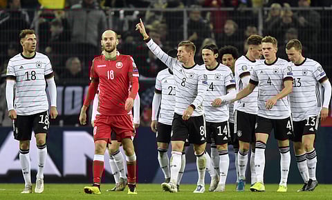 Germany's Toni Kroos (C) celebrates after scoring his side's third goal against Belarus. (Photo | AP)