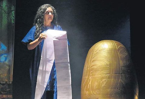 Artist Seema Kohli’s narrative performance at Sunder Nursery, (inset) Kohli’s sculpture, Shaheen