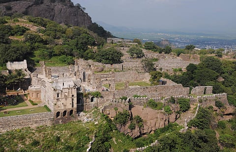 The historic Kondapalli Fort near Vijayawada; (Below) a narrow road of the ghat road leading to the fort (Photo | Prasant Madugula, EPS)