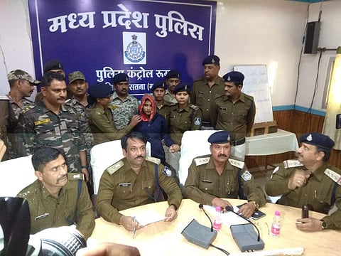 Satna police address a press meet after nabbing Sadhna Patel on Sunday. (Photo | Express)