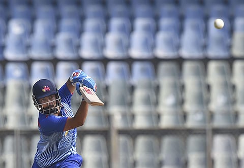 Mumbai batsman Prithvi Shaw plays a shot during the Syed Mushtaq Ali Trophy cricket match against Assam at Wankhede Stadium. (Photo | PTI)