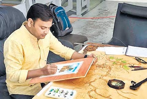 Artist and educationist Sunil Lohar creating an artwork during his six-week residency programme at Bordeaux, France
