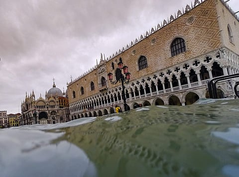 A picture showcasing water levels in Venice on November 17. Venetians are bracing for the prospect of another exceptional tide in a season that is setting new records. Officials are forecasting a 1.6 meter (5 feet, 2 inches) surge Sunday. That comes after