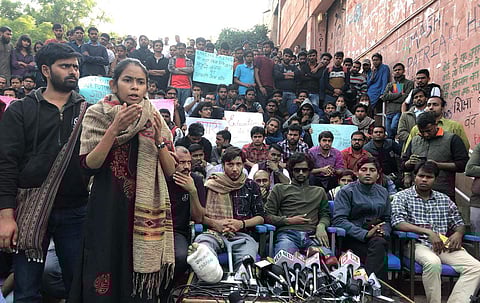 NUSU President Aishe Ghosh address media personnel at JNU campus. (Photo| EPS/ Arun Kumar)