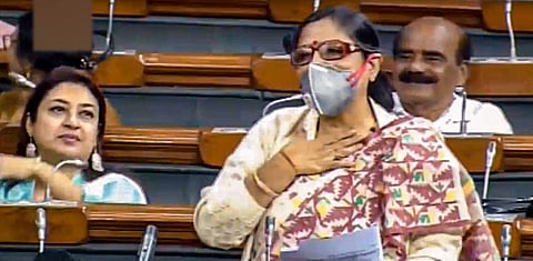 TMC MP Kakoli Ghosh wearing mask for protection against air-pollution speaks in the Lok Sabha. (Photo| PTI)