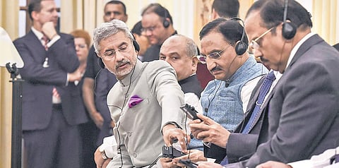 External Affairs Minister S Jaishankar, Human Resources Development Minister Ramesh Pokhriyal Nishank and National Security Advisor Ajit Doval during signing of agreements between India and Germany at Hyderabad House in New Delhi on Friday (Photo | PTI)