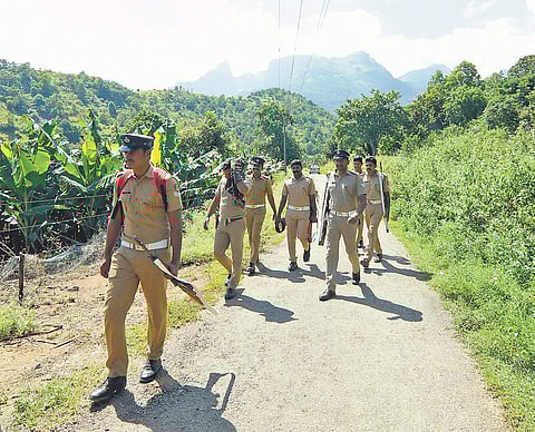 Policemen deployed in Manjikandi forest area for Maoist combing operation returning on Friday. (Photo | Arun Angela, EPS)