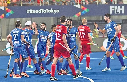 India men’s hockey team exult after scoring against Russia | Biswanath Swain