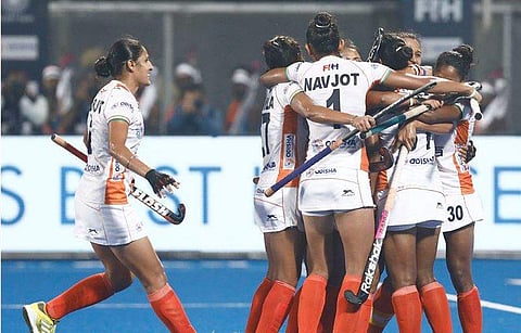 India women's hockey team thrashed the USA by 5-1 in the first leg of the FIH Hockey Olympic qualifiers. (Twitter Photo)