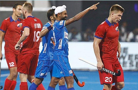 India got off to a brilliant start as it gained a one-goal lead in the fifth minute with the help of Harmanpreet Singh after he successfully converted a penalty stroke. (Twitter Photo)