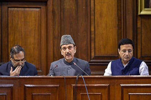 Senior Congress leaders Ghulam Nabi Azad Anand Sharma and Randeep Surjewala address the media at Parliament House during the ongoing Winter Session in New Delhi Wednesday Nov. 20 2019. (Photo | PTI)