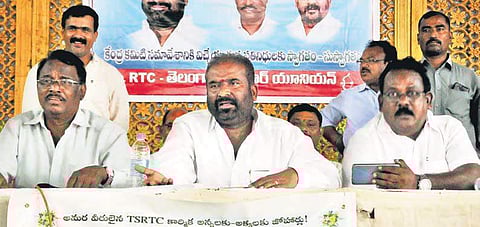 RTC JAC convener E Ashwathama Reddy speaks during a meeting with the RTC employees at LB Nagar in Hyderabad on Tuesday| S Senbagapandiyan