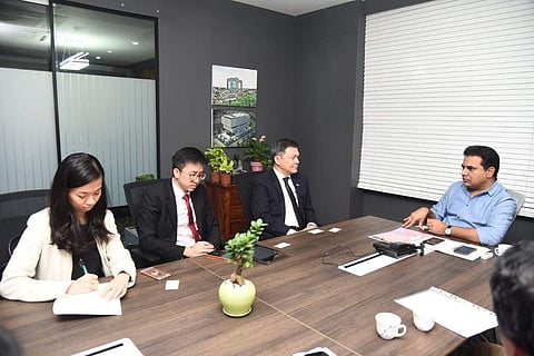 Minister KT Rama Rao with a Singaporean delegation in Hyderabad on Tuesday| Twitter
