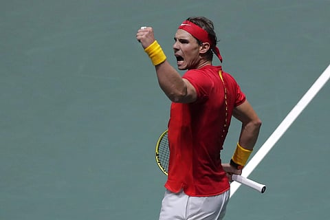 Spain's Rafael Nadal celebrates celebrates a point against Russia's Karen Khachanov during their Davis Cup tennis match in Madrid. (Photo | AP)