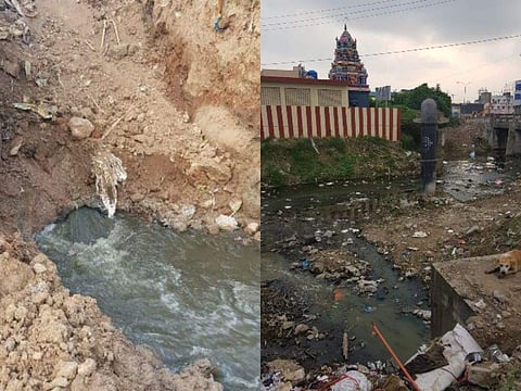 Raw sewage filling the surplus channel and a view of sewage around a temple (Photo | Special Arrangement )