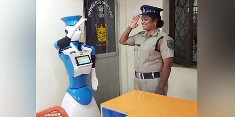 First of its kind Robot CYBIRA cyber security interactive robotic agent to receive complaints launched as a pilot project at Maharanipeta police station limits in Visakhapatnam. (Photo | Express)