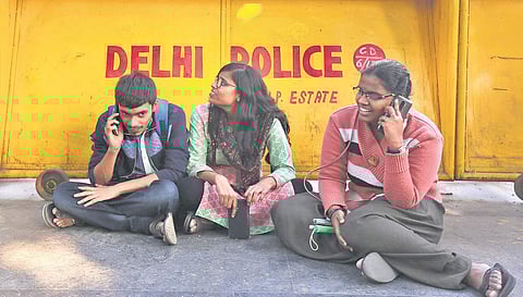 Jawaharlal Nehru University students during a protest against the Delhi Police at the Police Headquarters in New Delhi on Wednesday. (Photo | EPS?Arun Kumar)