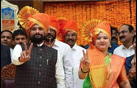 Shiv Sena's Naresh Mhaske the mayor of Thane Municipal Corporation along with deputy mayor Pallavi Kadam. (Photo | Facebook)