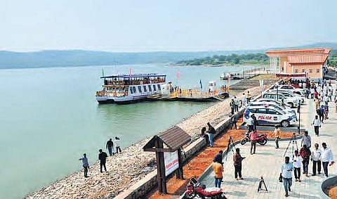 An air conditioned two-storeyed ferry cruise launched by Telangana Tourism Department at Somasila in Nagarkurnool on Thursday| S Senbagapandiyan