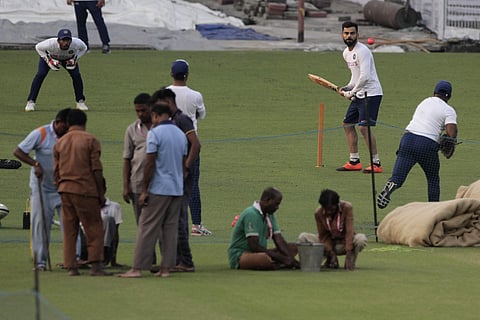 Virat Kohli practices using the pink ball ahead of India's Test match against Bangladesh. (Photo | AP)