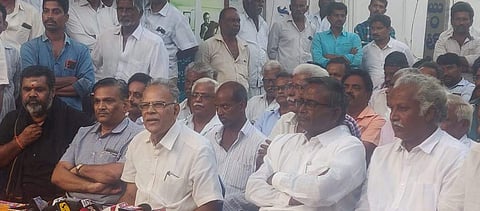 Farmers from the capital region addressing media at Mandadam in Guntur district on Friday| Express