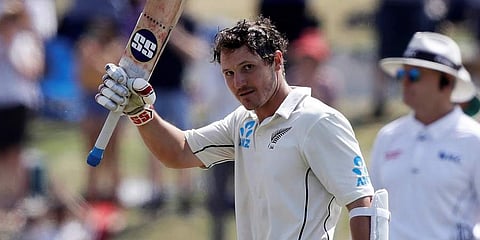 New Zealand's BJ Watling celebrates after reaching 200 runs during play on day four of the first cricket test between England and New Zealand at Bay Oval in Mount Maunganui. (Photo | AP)