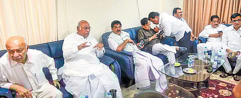 Congress leaders Ahmed Patel, K C Venugopal Rao, Mallikarjun Kharge and others at a meeting with party MLAs in Mumbai. (Photo | PTI)