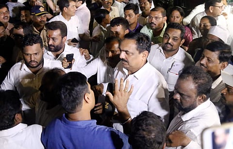 NCP MLA Jayant Patil speaks to media after a meeting with party MLA's in Mumbai Saturday Nov. 23 2019. (Photo | PTI)