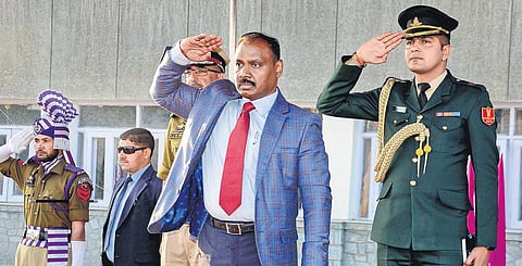 First Lt Governor Girish Chandra Murmu receives the guard of honour at the Civil Secretariat in Srinagar on Thursday (Photo| PTI)