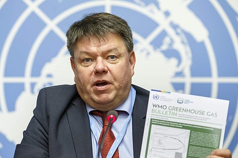 Petteri Taalas, Secretary-General of the World Meteorological Organization, WMO, informs to the media about the annual report by WMO on atmospheric concentrations of carbon dioxide and other major greenhouse gases. (Photo |AP)
